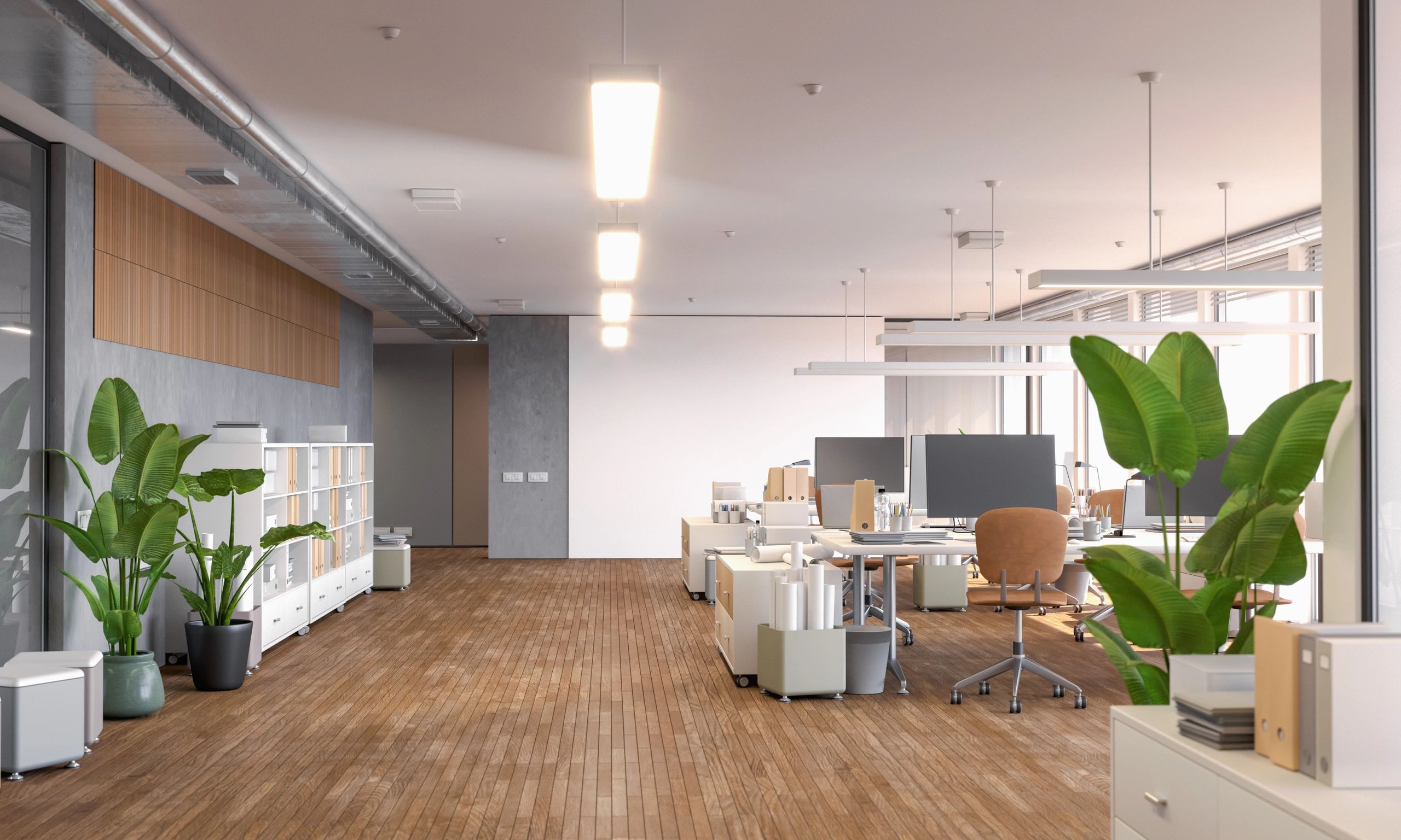 Creative modern office interior with desks and computers, bright and cozy